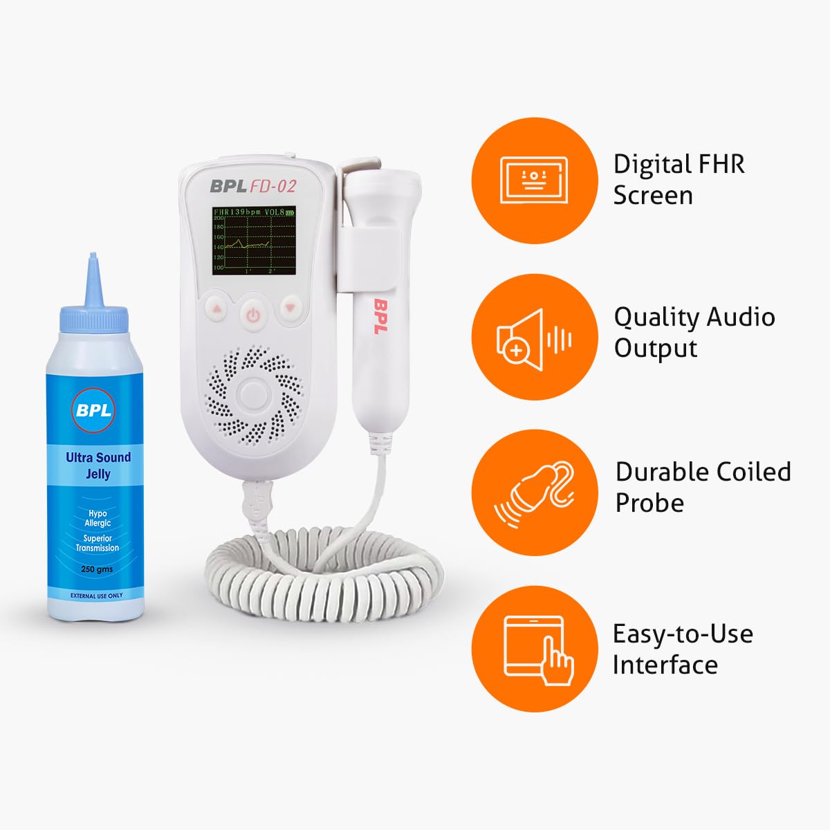 BPL Medical Technologies FD-02 Fetal Doppler Smart Noise Reduction & Heartbeat Detection Machine with Ultrasound Gel|In-Built Speaker for Home and Clinic Use - White 1