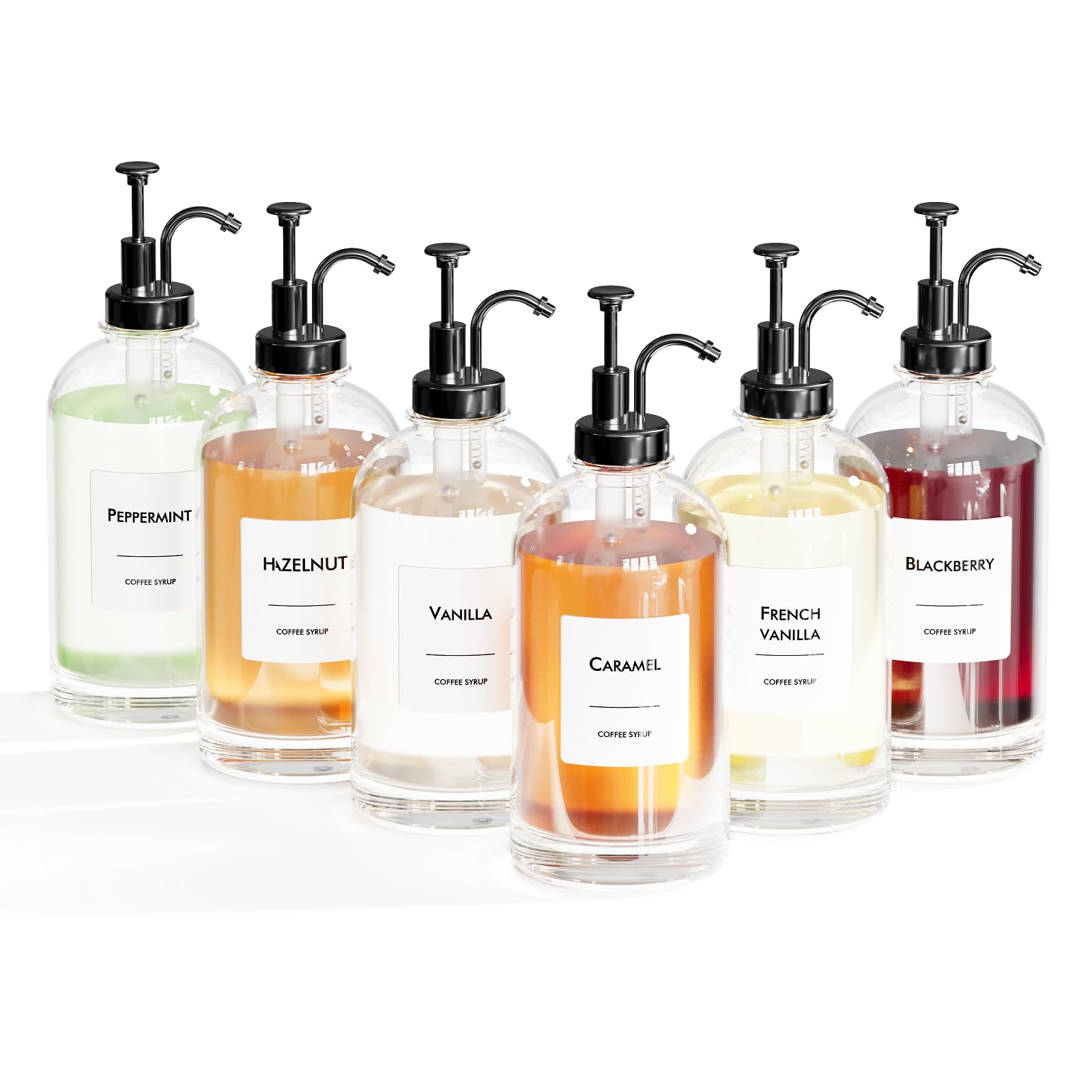 25.4oz Coffee Syrup Dispenser Set - 6 Glass Bottles with Black Pumper and Syrup Labels - Precise Dispensing and Stylish Addition to Coffee Shop, Cafe or Home Bar