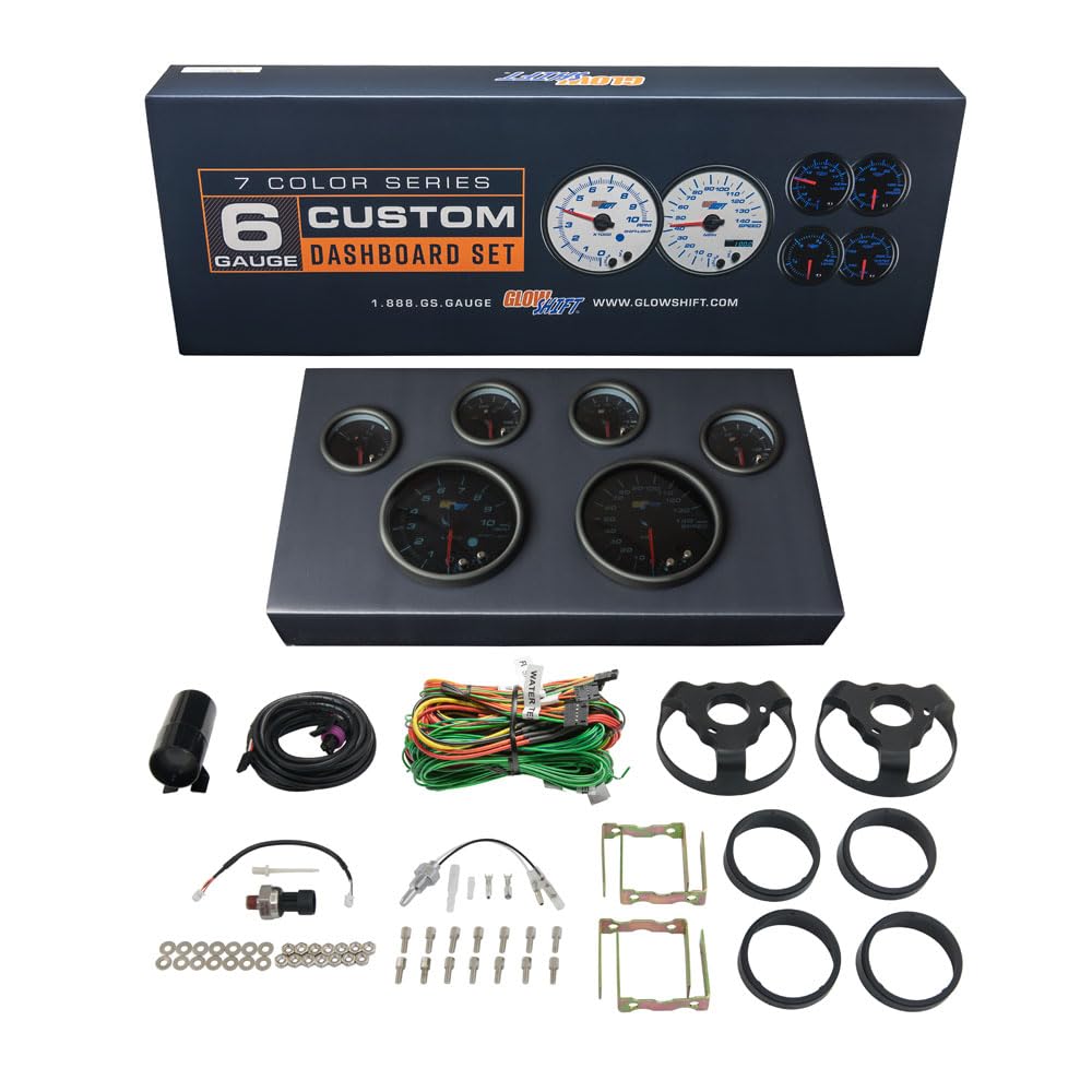 GlowShift Tinted 7 Color Custom Cluster Dashboard 6 Gauge Set - 3-3/4" (95mm) Speedometer & Tachometer - 2-1/16" (52mm) Fuel Level, Oil Pressure, Water Temperature & Volt Gauges
