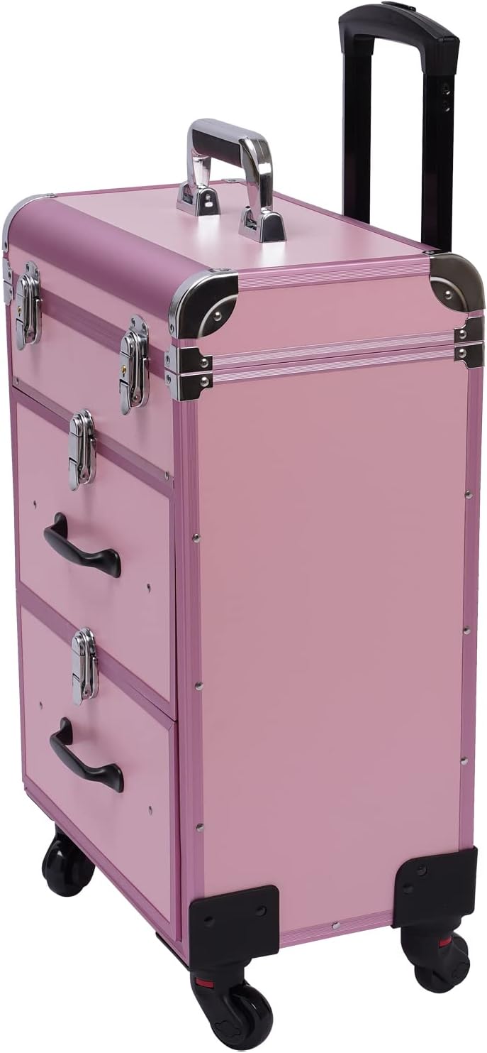 Nail Case Large Lockable Makeup Organizer 3 Tier Professional Rolling Makeup Case Large Cosmetics Organizer Hair Styling Suitcase Nail Suitcase for Cosmetics Rolling Cart (PINK)
