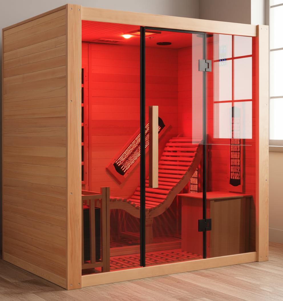 Dual System Sauna, Wooden Steam Room with Recliner or 1 Person Indoor Infrared Home Sauna, Indoor Saunas for Home with 220V, 4.5W Steam Sauna Heater, 7 Infrared Heaters, (Hemlock)