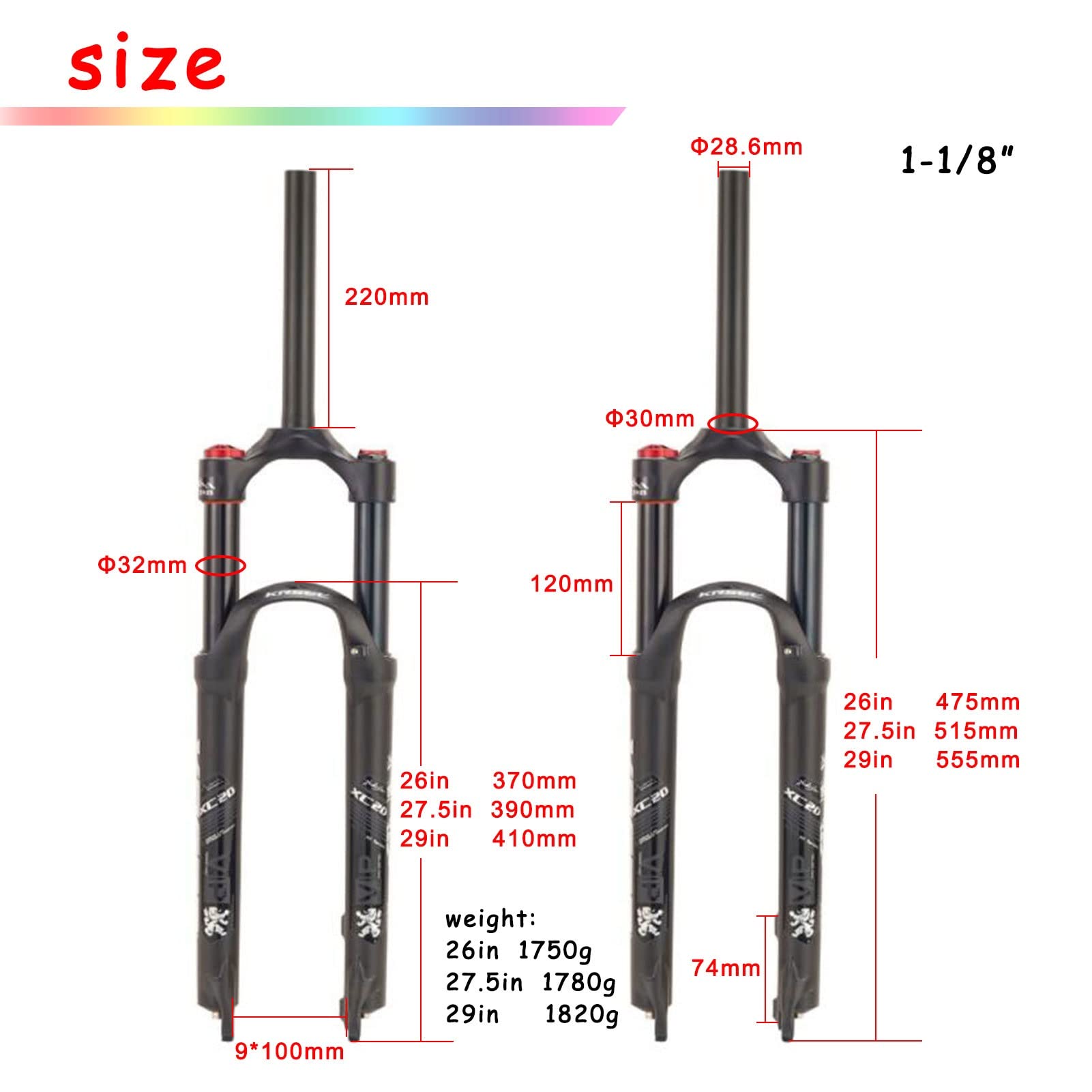 Horquilla de suspensión MTB de 26/27,5/29 Pulgadas, 120 mm de Recorrido, aleación de magnesio de 1-1/8", liberación rápida de 9 mm, Accesorios de Aire