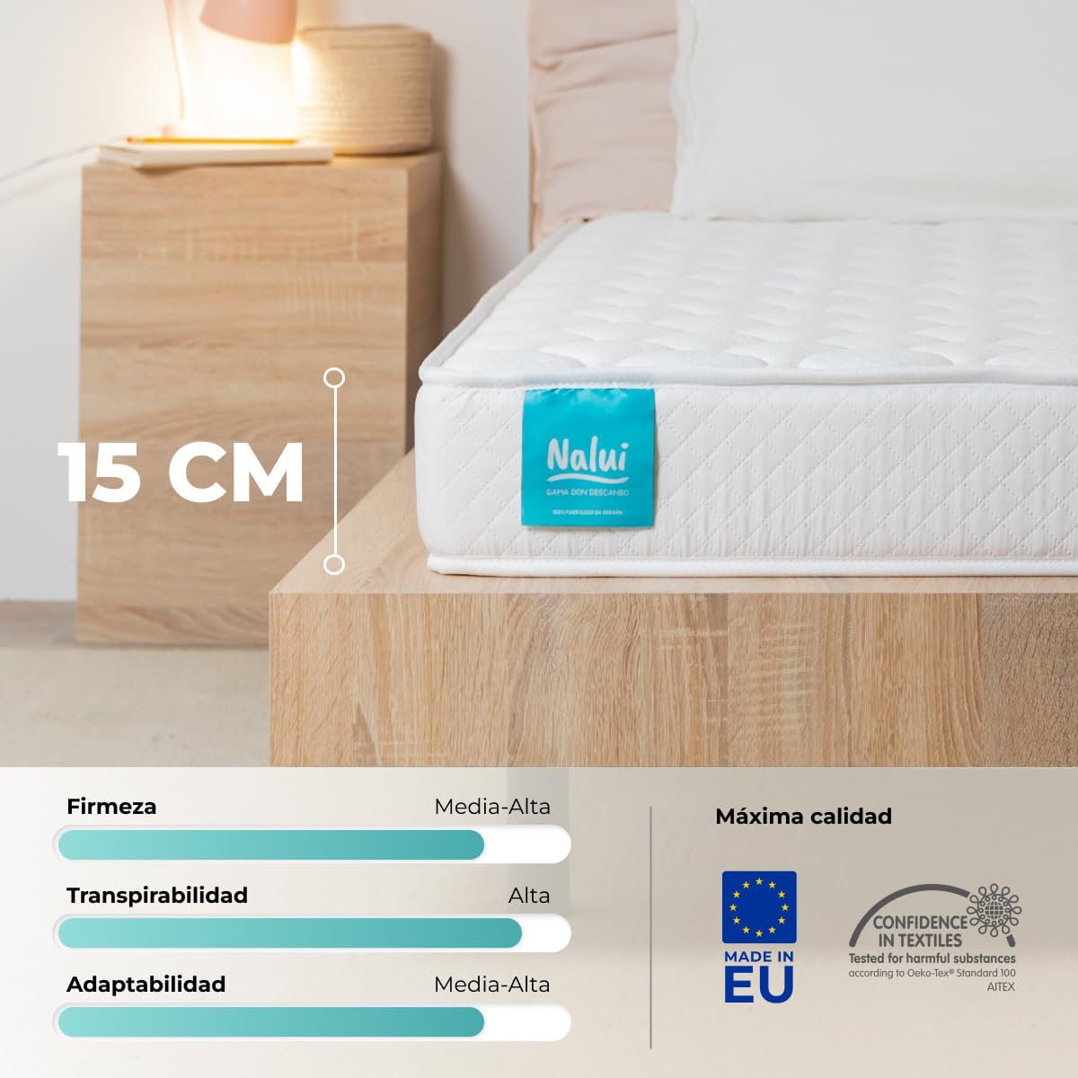 NALUI - Colchón Viscoelástico 90x180 One 15 con Firmeza Media y Grosor 15cm. Capa Viscoelástica Cloudfeel, Tejido Transpirable 3D Air Path y Multicapa 8 Airsoftpro. Fabricado en España, Blanco