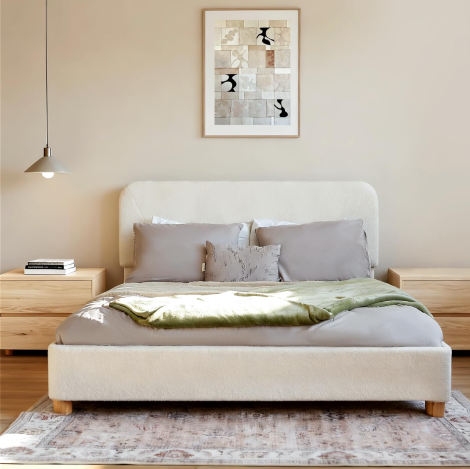 Queen Size Cloud Bed Frame, Soft Boucle Bed Frame with Adjustable Headboard, Solid Wood Legs, Rounded Corners Design & Easy Assembly – Modern Platform Bed,Cream