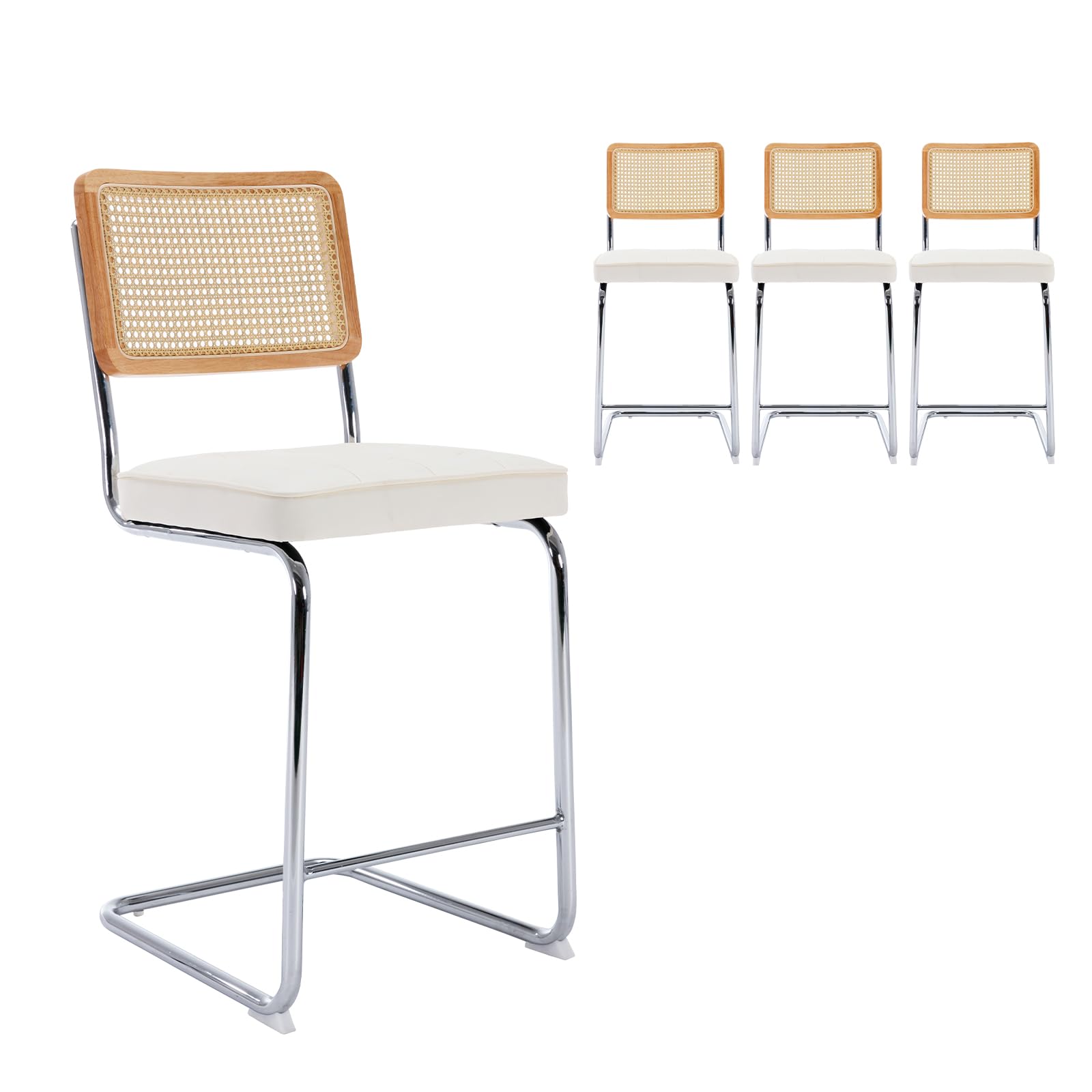 COLAMY Mid Century Modern Barstools Set of 4, PU Leather Rattan Bar Stool Chairs with Sturdy Metal Frame for Kitchen, Bar, Living Room, Bedroom, White