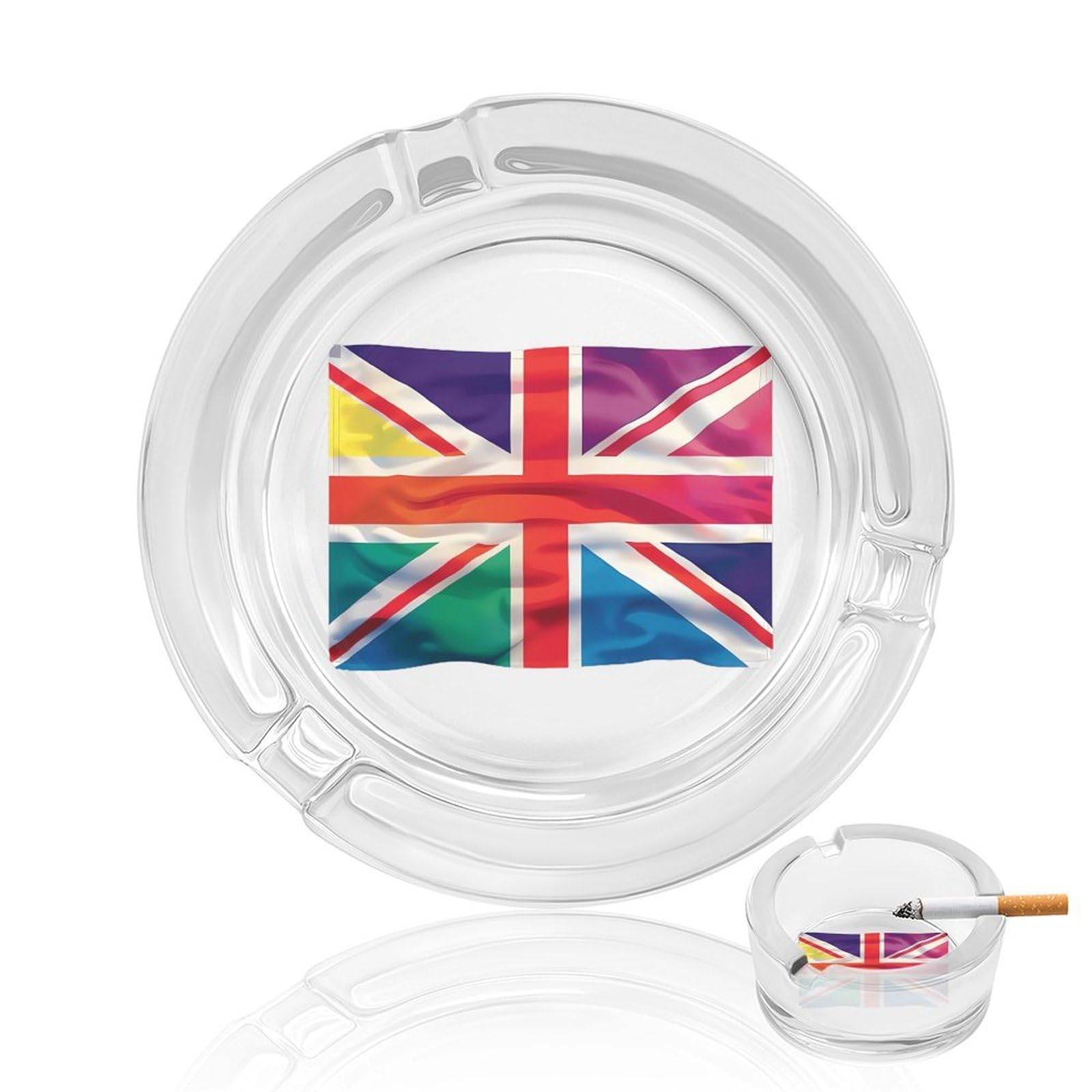 Proud Union Jack Rainbow UK Flag Ashtray Portable Round Glass Outdoor Ash Tray for Home Office Garden Pub