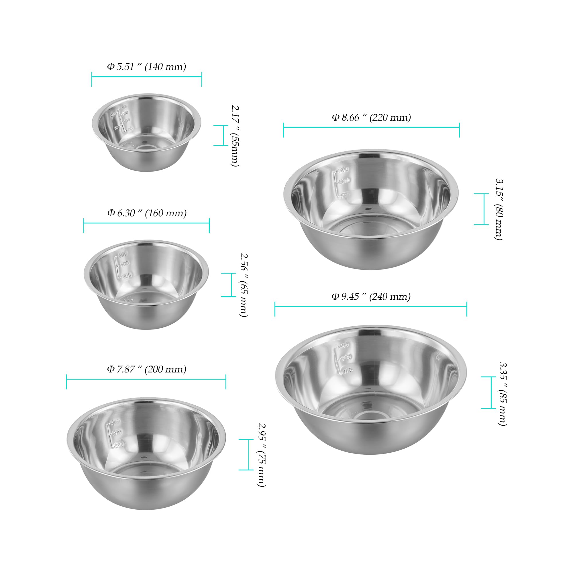 Set di 10 ciotole in acciaio inox in 5 misure, insalatiere, ciotole impilabili in metallo per cucina, insalata, cottura, 0,6 l, 0,9 l, 1,6 l, 2 l, 2,6 l