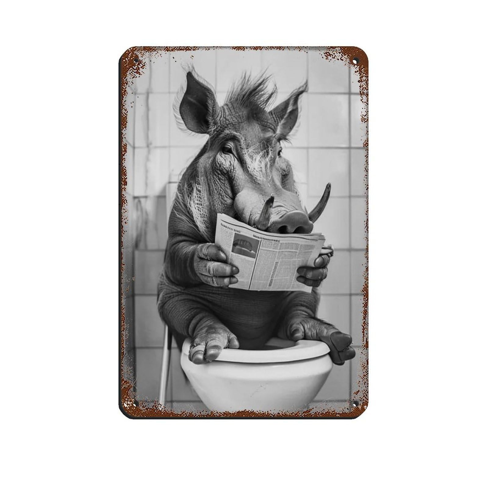 Lxwnze 20L X 30W Cm Warthog Sitting On The Toilet Reading A Newspaper Retro Poster Metal Tin Sign Chic Art Retro Iron Painting Bar People Cave Cafe Family Garage Poster Wall Decoration 8X12inch(20X30cm)