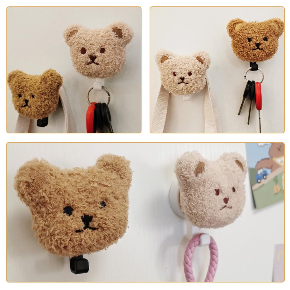 NUOBESTY Ganchos Adhesivos para Pared 2 Piezas Diseño Osito de Peluche de Felpa, para Llaves, Toallas y Paraguas, sin Taladro, Uso en Baño y Cocina, Colores Claro y Negro