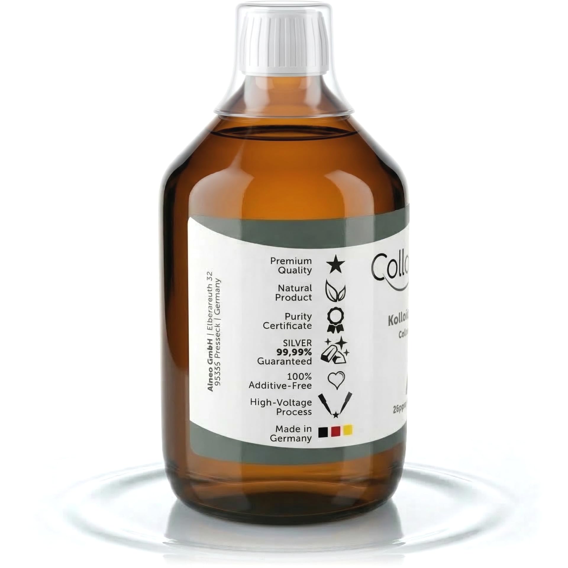 Kolloidales Silber 25ppm hoch konzentriert Reinheitsstufe 99,99% in brauner Apotheker-Glasflasche 500ml (Silber-25ppm, 500ml)