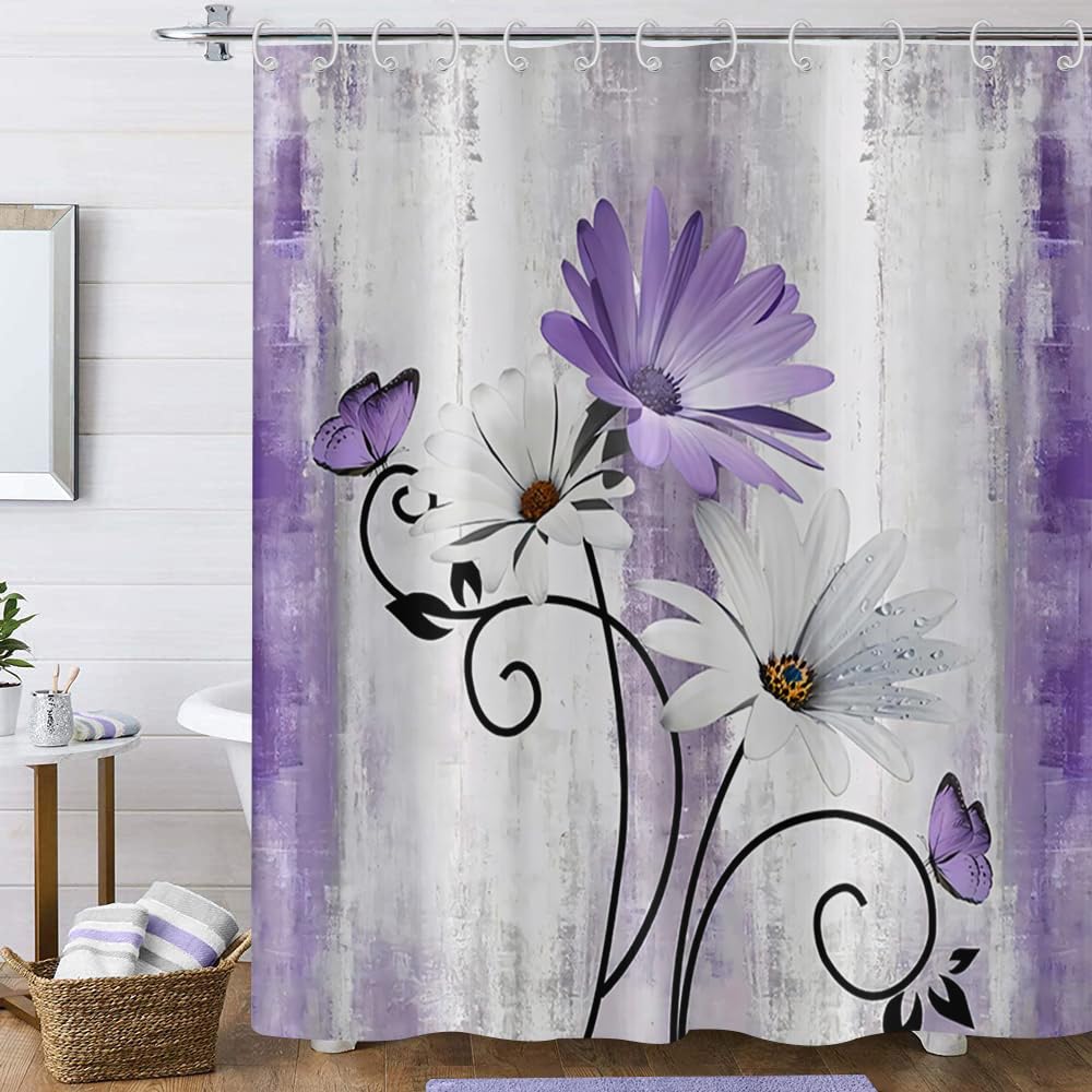 Hnmdmyi Farmhouse Floral Shower Curtain 90x180, Rustic Purple Daisy Flowers and Butterfly on Country Wooden Board Bathroom Curtains Waterproof Polyester Fabric Washable Bath Curtains with Hooks