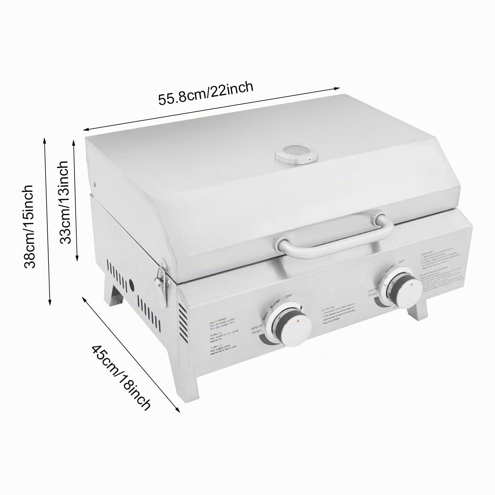 Barbecue a gas da campeggio, in acciaio inox, con 2 bruciatori con accensione piezoelettrica e lucchetti da viaggio, design pieghevole, per campeggio, picnic, tempo libero