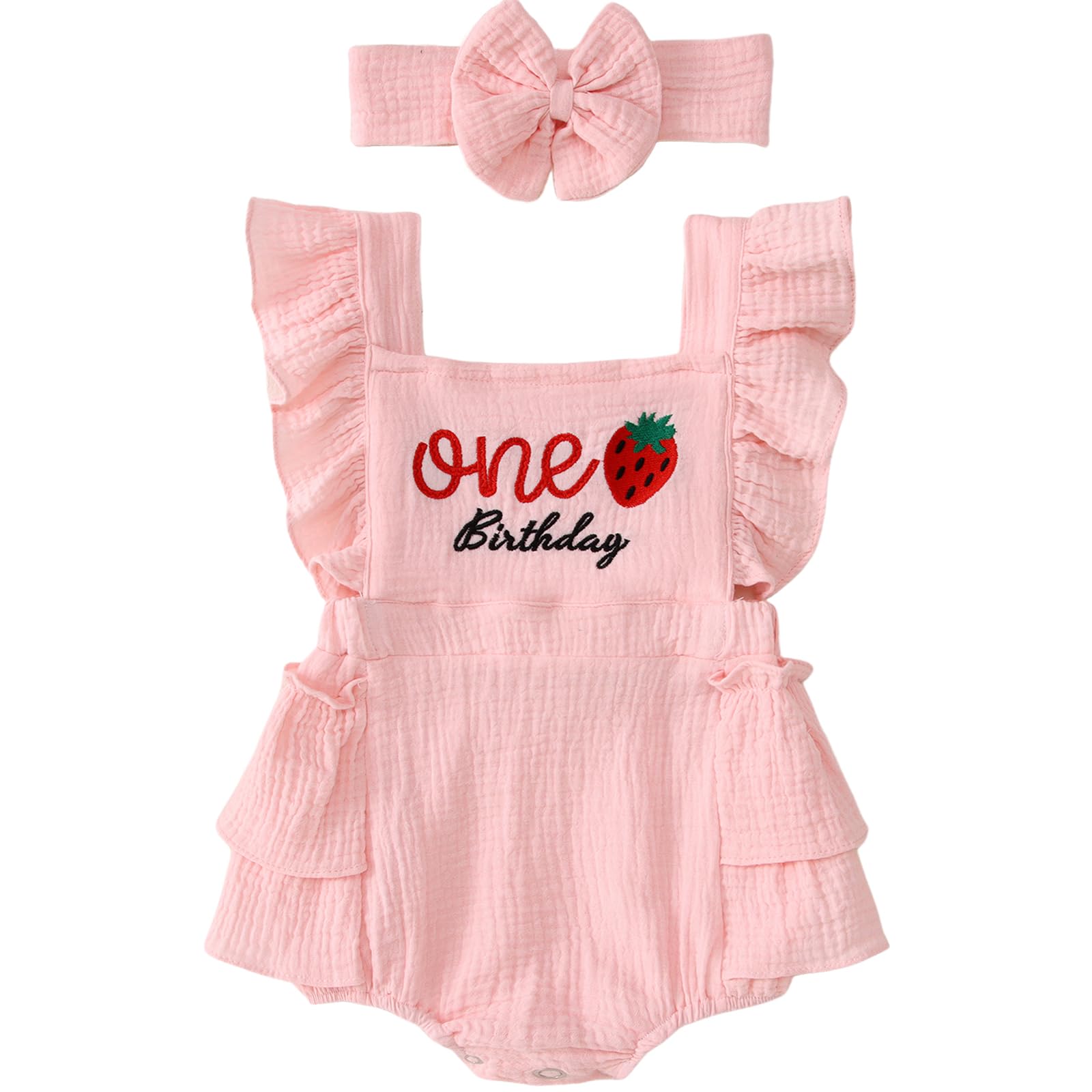 BOUTIKOME Baby 1st Birthday Girl Outfits Embroidery One Romper Ruffle Sleeve Onesie 1 Year Old Bodysuit Headband Clothes Set