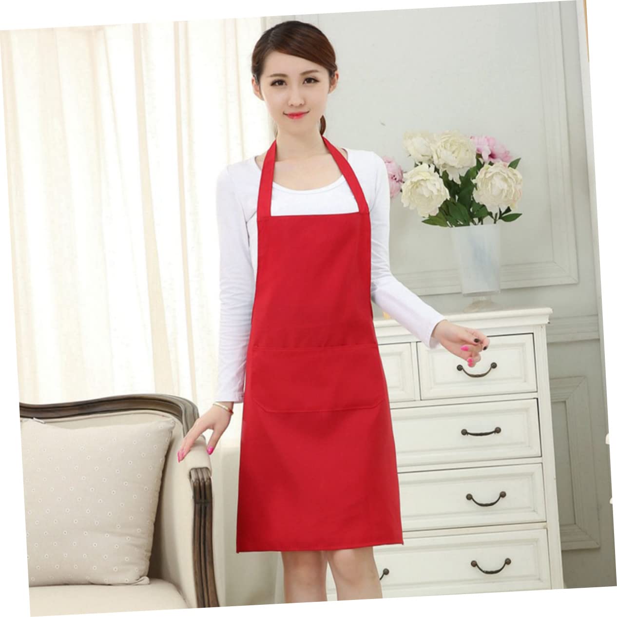 CONGARTENO 2pcs Bib Apron for Home Restaurant Use -neck Design Pocket Easy to Clean Red