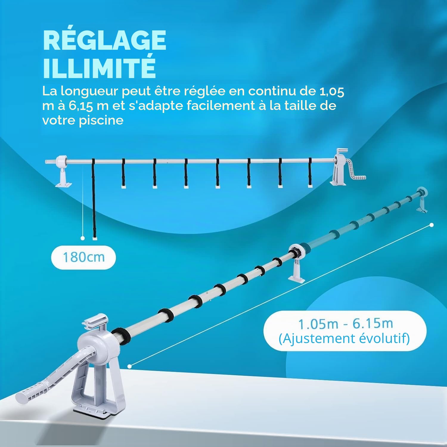 ACXIN Système d'enroulement de piscine mobile pour film solaire - Enrouleur de bâche - 1,05 m à 6,15 m - En acier inoxydable de qualité supérieure - Système d'enroulement réglable avec fixation et