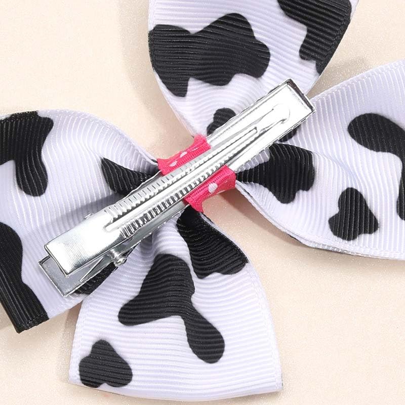 2Pcs Cow Print Hair Bow Clips - Black White Glitter Handmade Satin Bowknot Cute Alligator Hair Barrettes New Year Party Hair Accessories for Toddler Teen Girls Kids (Black White-Cow) - Image 8