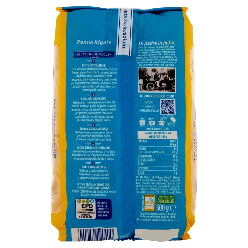 De Cecco Pasta Penne Rigate nº 41, 100% pasta italiana, paquete de 500 g + llavero Beni Culinari gratuito (36 unidades)
