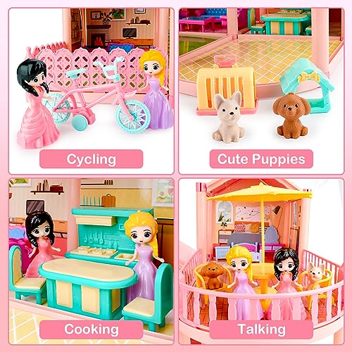 Image of deAO Dollhouse with Furniture and Accessories, Dollhouse with 2 Floors, 3 Bedrooms, Balcony, 3 Dolls, 17 Furniture, Bicycles, Gift for Girls for 3 4 5 6 7 8 Years
