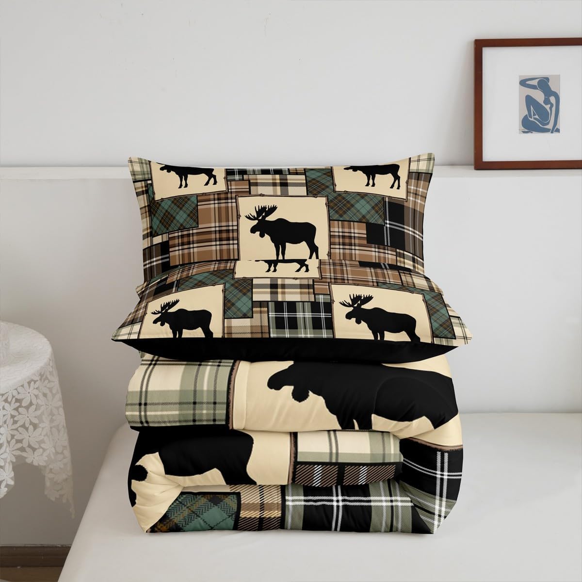 Erosebridal Farmhouse Decor,Rustic Moose Quilt Queen Size,Deer Hunter Comforter Set for Kids Teens Adult,Woodland Wildlife Bedding Set Patchwork Duvet Insert Brown Green Buffalo Checked Plaid Decor