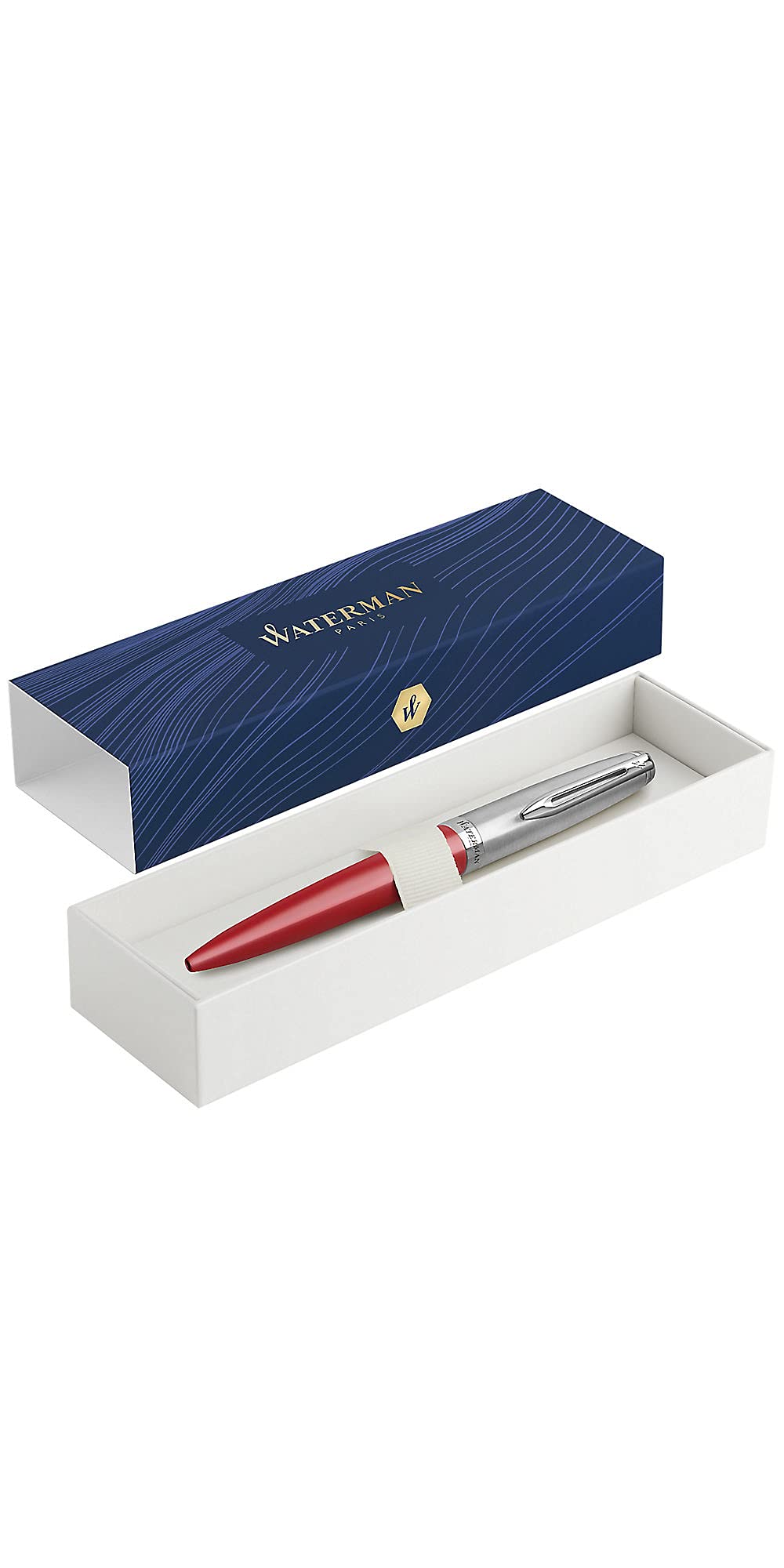 Waterman Emblème Stylo Bille, Rouge avec attributs chromés, Pointe Moyenne, Cartouche d’encre bleue, coffret Cadeau