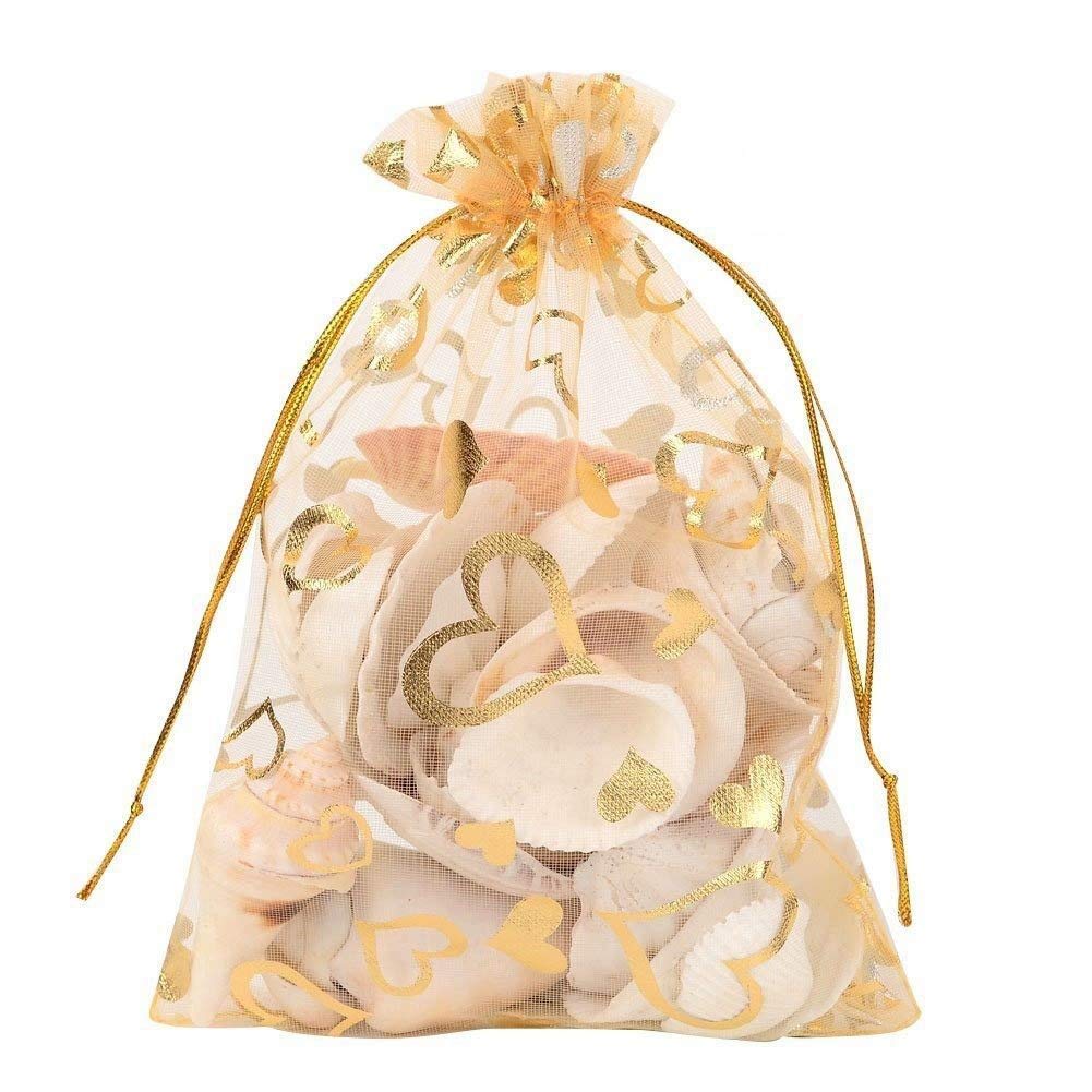 CTRLZS 100Pcs 9x12cm Sheer Drawstring Heart Organza Jewelry Pouches Wedding Party Christmas Favor Gift Bags (Gold)