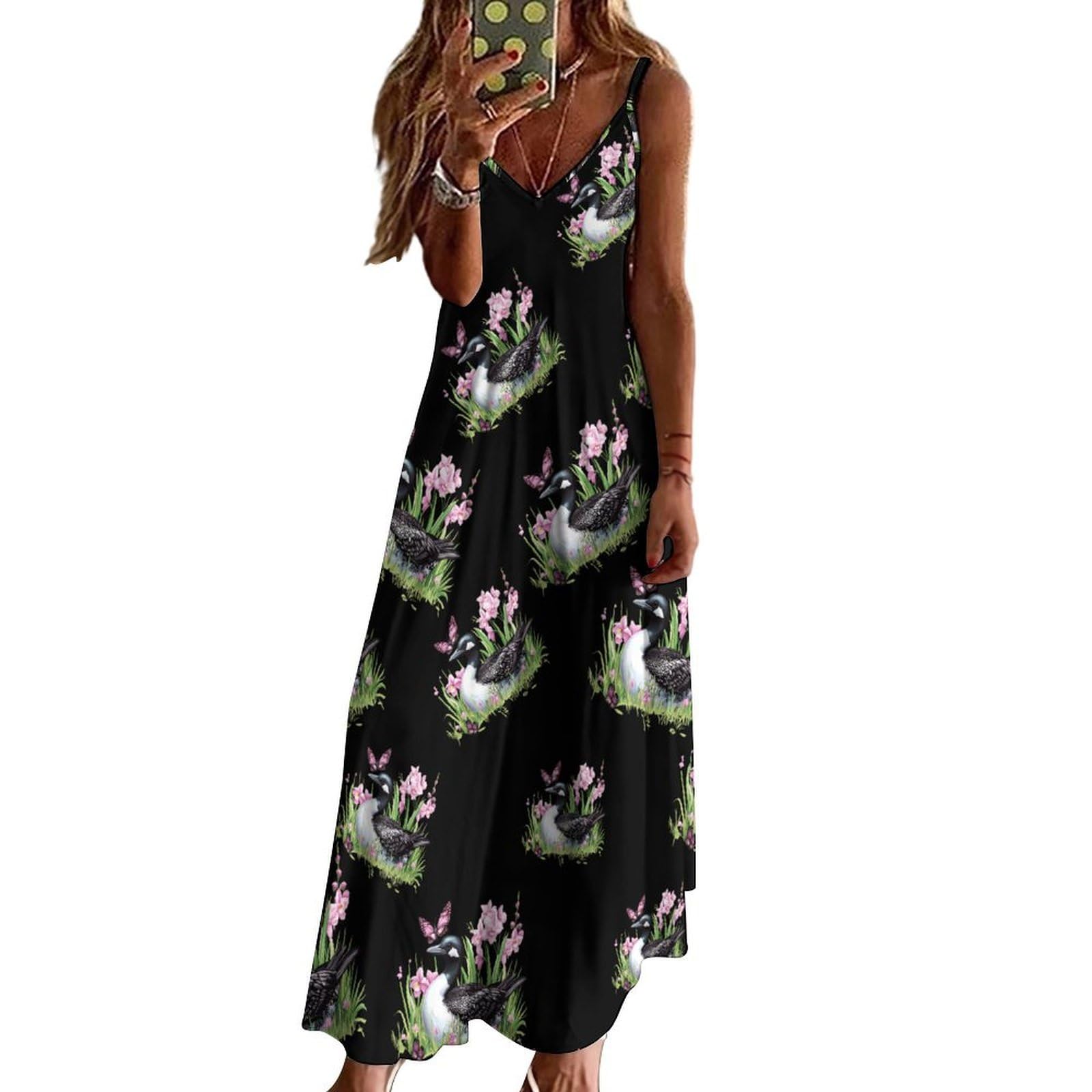 Vestido largo casual con estampado de flores y mariposas para mujer, con tirantes delgados ajustables, vestido de playa