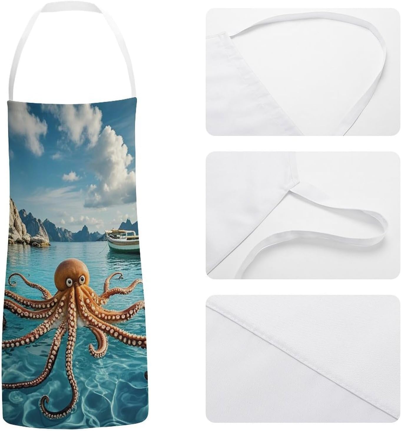 Octopus And Boat Chef Apron Lightweight Soft Adjustable Bib Apron Cute Restaurant Work Aprons Washable Cooking Kitchen Aprons for Men Women Waiters