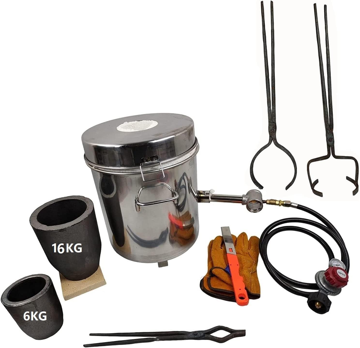 16 KG Gas Metal Melting Furnace Foundry Pouring and Lifting Tongs Casting Tools 2 Crucibles Copper
