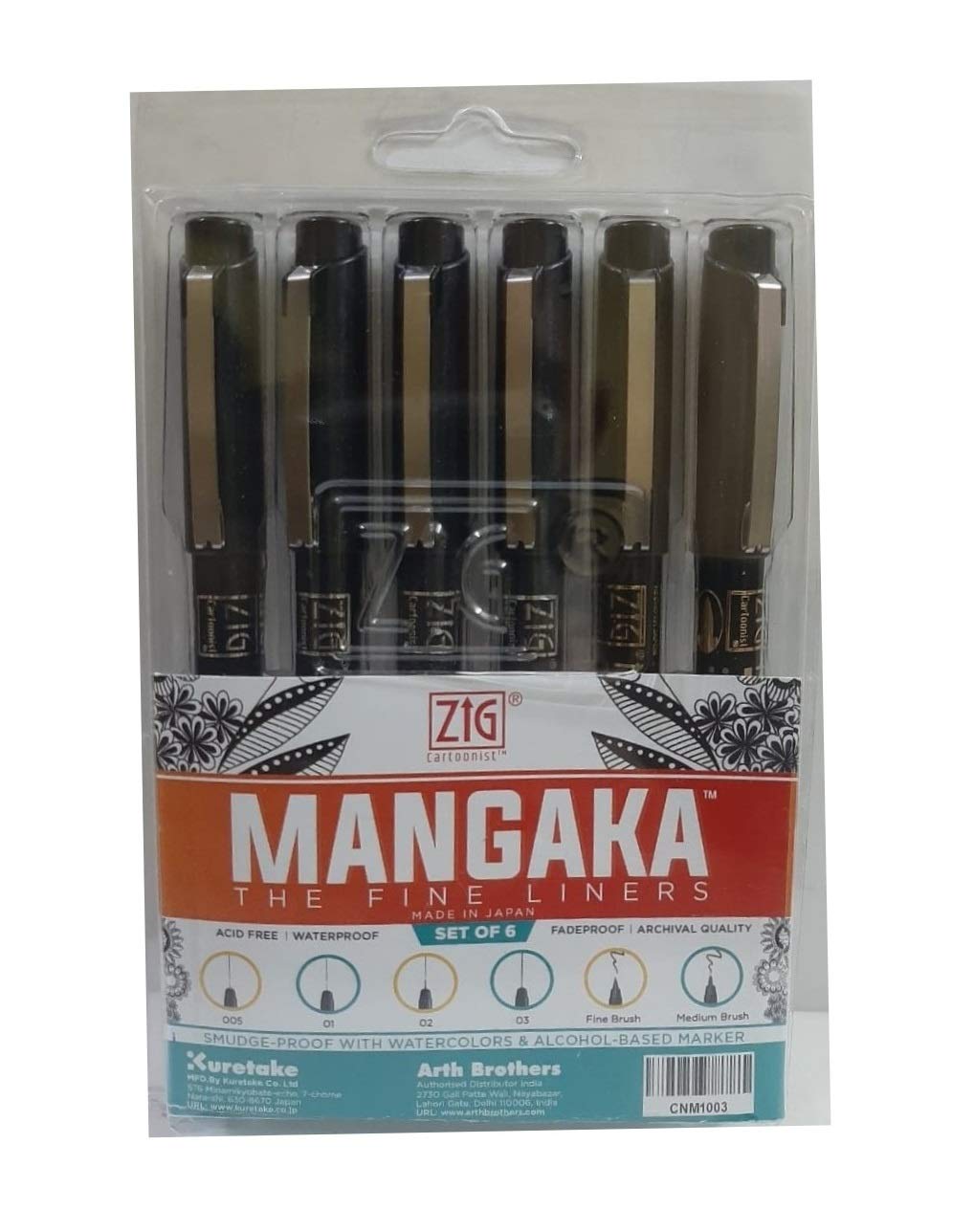 ZIG KURETAKE MANGAKA THE FINE LINERS BLACK SET OF 6 PENS 005,01,02,03,FINE, AND MEDIUM MADE IN JAPAN
