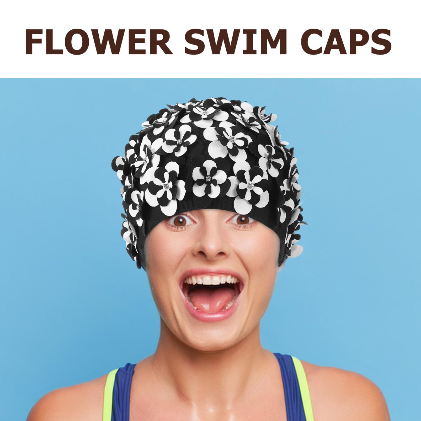 Cuffia Nuoto Fiori per Adulti, Festa Estiva, Lunga Protezione | Nero in Cotone e Nailon, Facile da Indossare e Togliere, Adatta a Chioma Lunghi