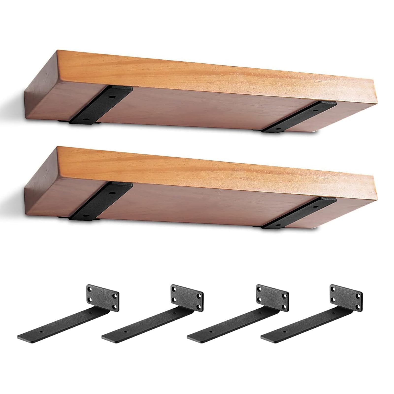 MIUGO Heavy Duty Shelf Bracket 4 Pack, Floating Shelf Brackets 14 inch Long, Brackets for Shelves, Black Coated Metal Wall Shelf Support Brackets（1/5"