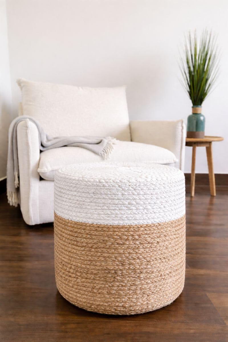 S & L Homes Pouf Ottoman - 100% Jute Braided Footrest Pouf Hand Knitted Traditional Cord Boho Pouffe for Living Room, Bedroom, Nursery, Patio, Lounge