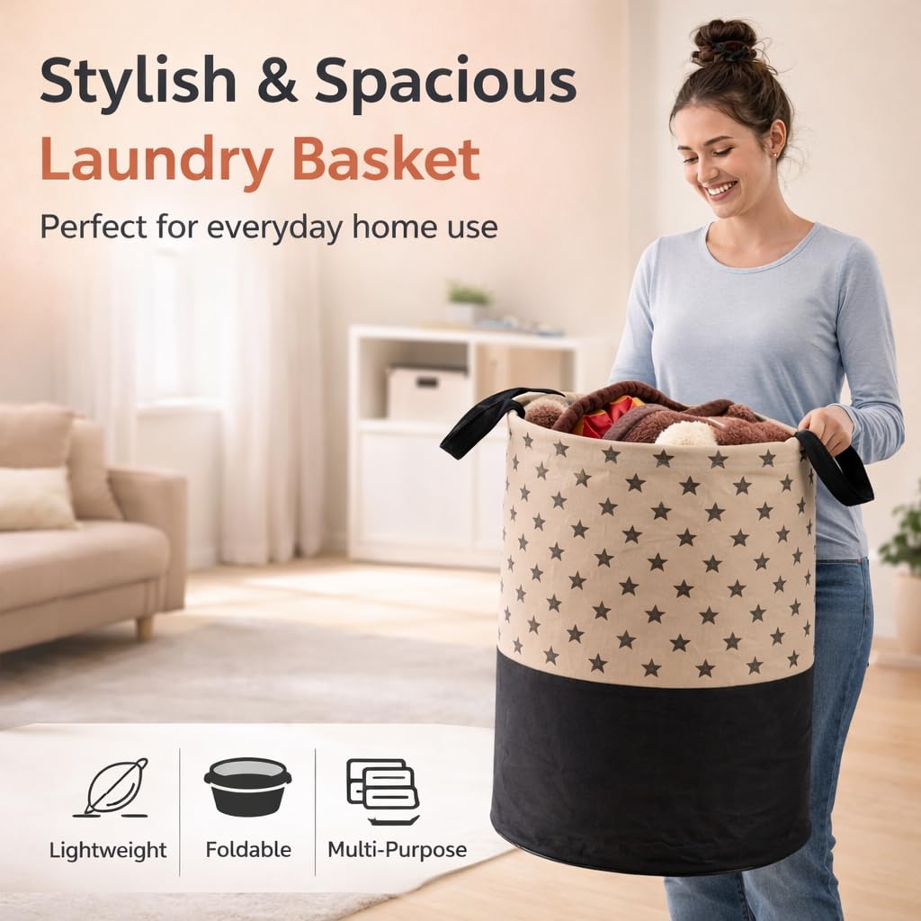 BB BACKBENCHERS Heavy Duty Laundry Basket | Large Round Collapsible Storage Hamper | for Blankets, Toys & Laundry | Foldable Home Organizer for Dorm, Apartment | Brown
