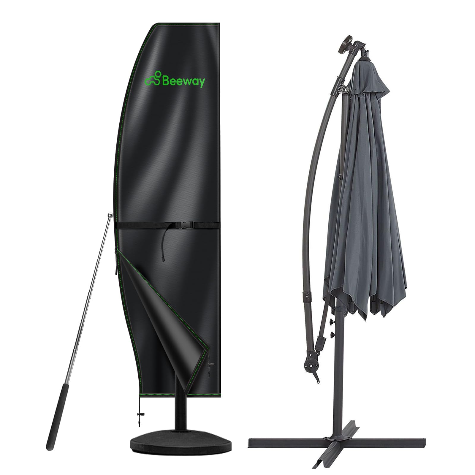 Beeway Black Garden Parasol Cover Waterproof, Outdoor Cantilever Parasol Cover With Zipper And Rod Fit For 2M To 4M Banana Patio Umbrella - 210D Oxford Fabric, Anti-Uv Windproof - 265 X 40/70/50Cm