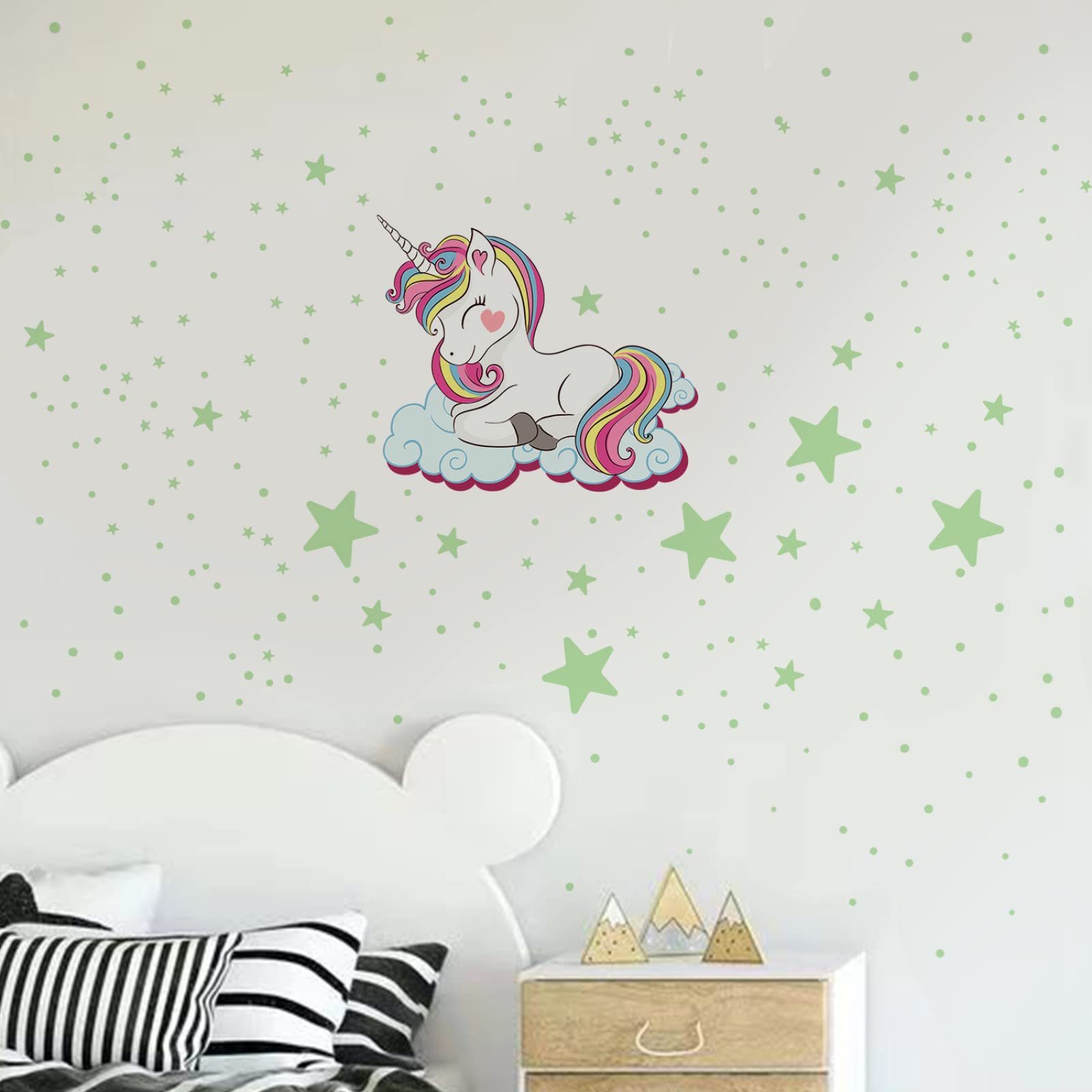 Adesivi Murali Unicorno Stella Verde Adesivi da Parete Stelle Fluorescenti Adesive Soffitto Adesivi Murali Bambini Stelline Luminose per Cameretta Soggiorno Decorazioni 3 Pezzi