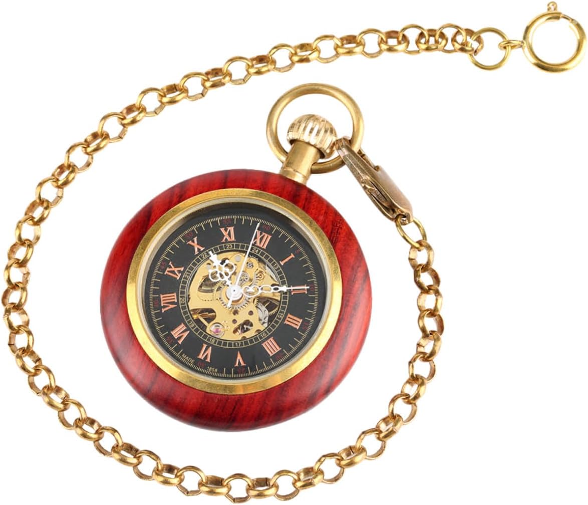 Mechanical Pocket Watch with Roman Numeral Dial, Wood Grain Bezel, Linked Hanging Design, Antique Style for Elderly Men’s Vintage Accessories