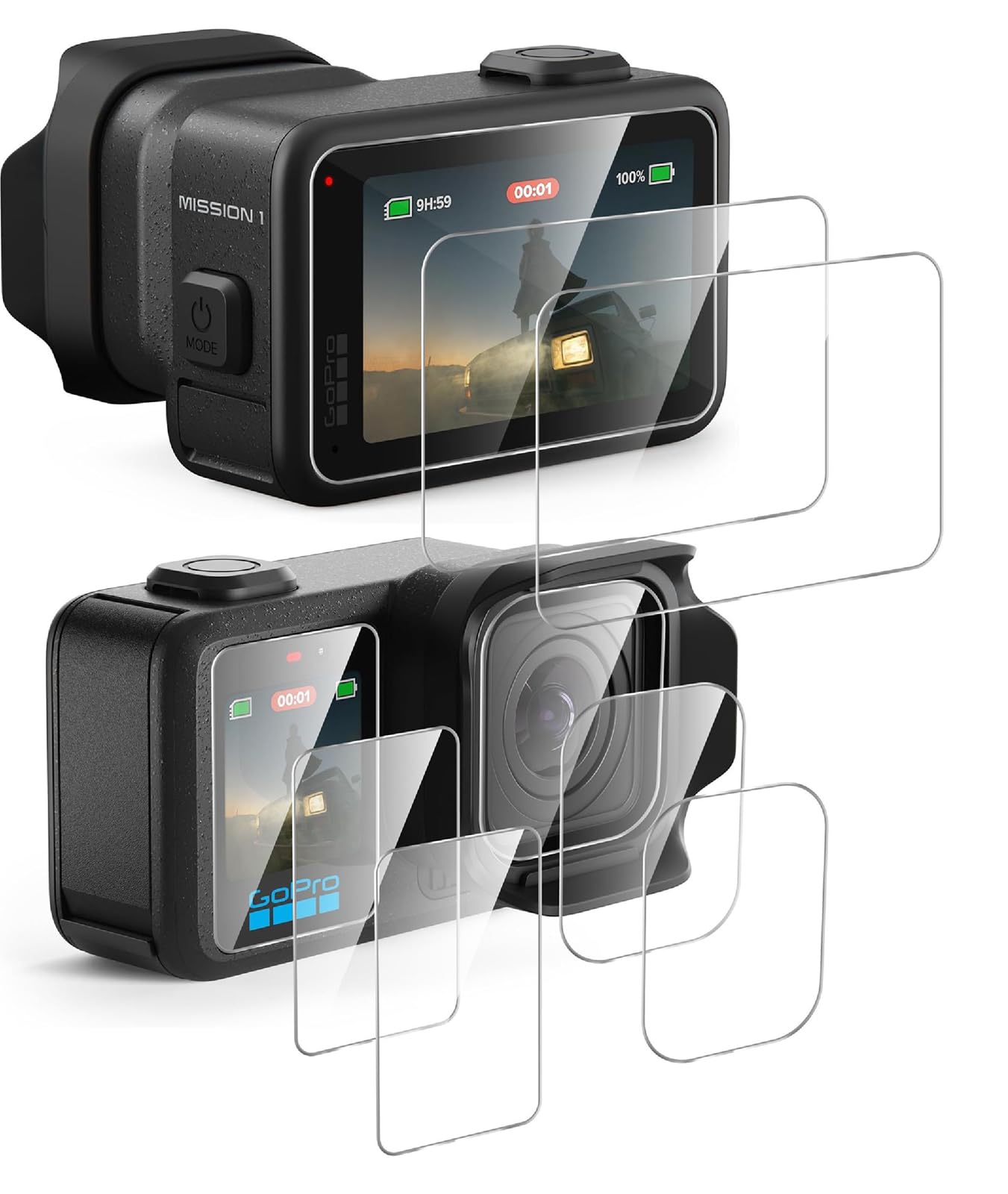 GIOPUEY Vetro Temperato Compatibile con GoPro Mission 1 PRO, 4 Pezzi Pellicola Prottetiva e 2 Pezzi Pellicola Fotocamera, HD, Resistente ai Graffi, Senza Bolle (Transparent)