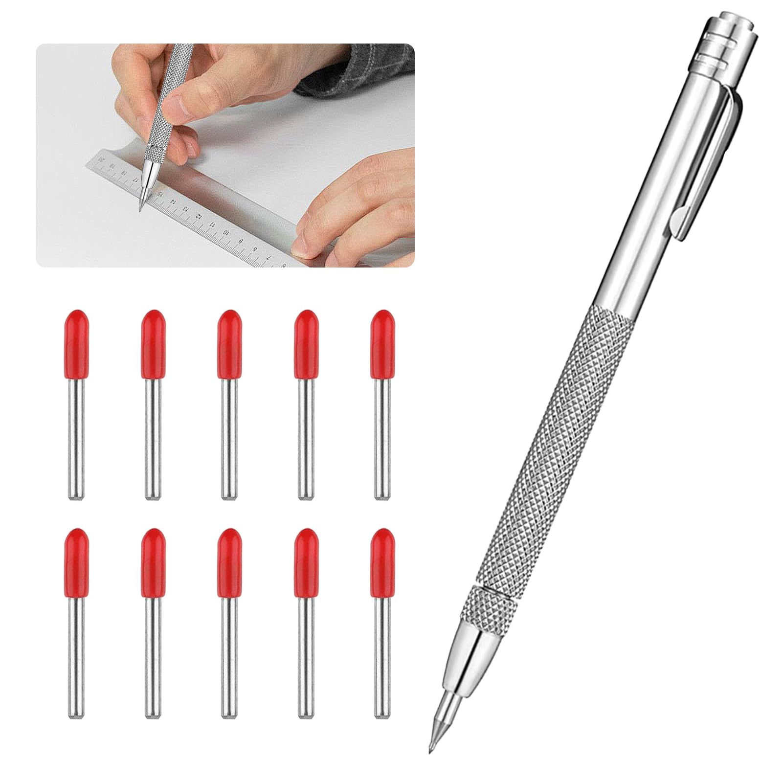 Marcador Metal de Carburo de Tungsteno, Punta Trazadora con Punta de Metal Duro con 10 Uds Puntas, Marcador de Trazadora de Carburo Lapiz de Grabado para Vidrio, Cerámica, Metal