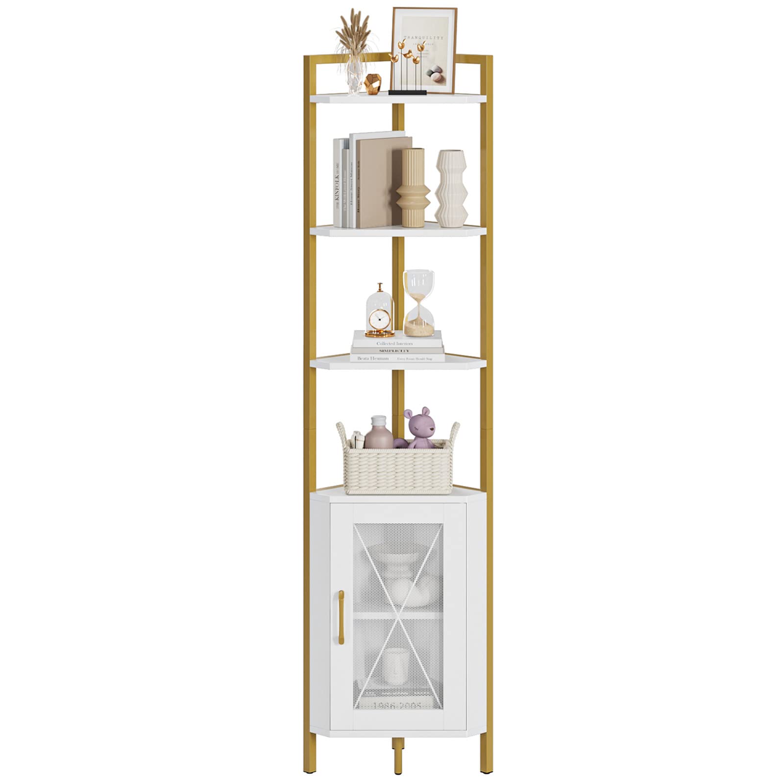 HITHOS 71 inches, Tall Corner Shelf, 6-Tier Corner Bookcase, Gold Bookshelf with Storage Cabinet, Modern Display Shelf, Free Standing Storage Rack Plant Stand for Living Room, Home Office, White