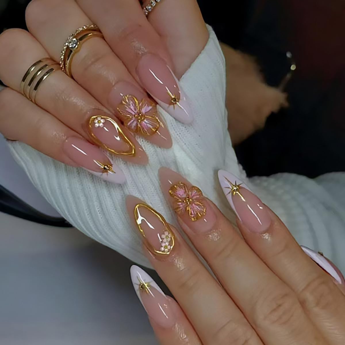 24Pcs White French Flower Press on Nails - Medium Almond Acrylic Nails Press ons 3D Peach Blossom Gold Star Foil Design Full Cover Floral False Nails