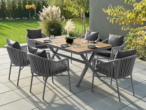MAT-COMPANY Gartenmöbel Set 6+1 Tisch 150 × 90 × 75 Aluminium Kompositplatte Stühle Grau...