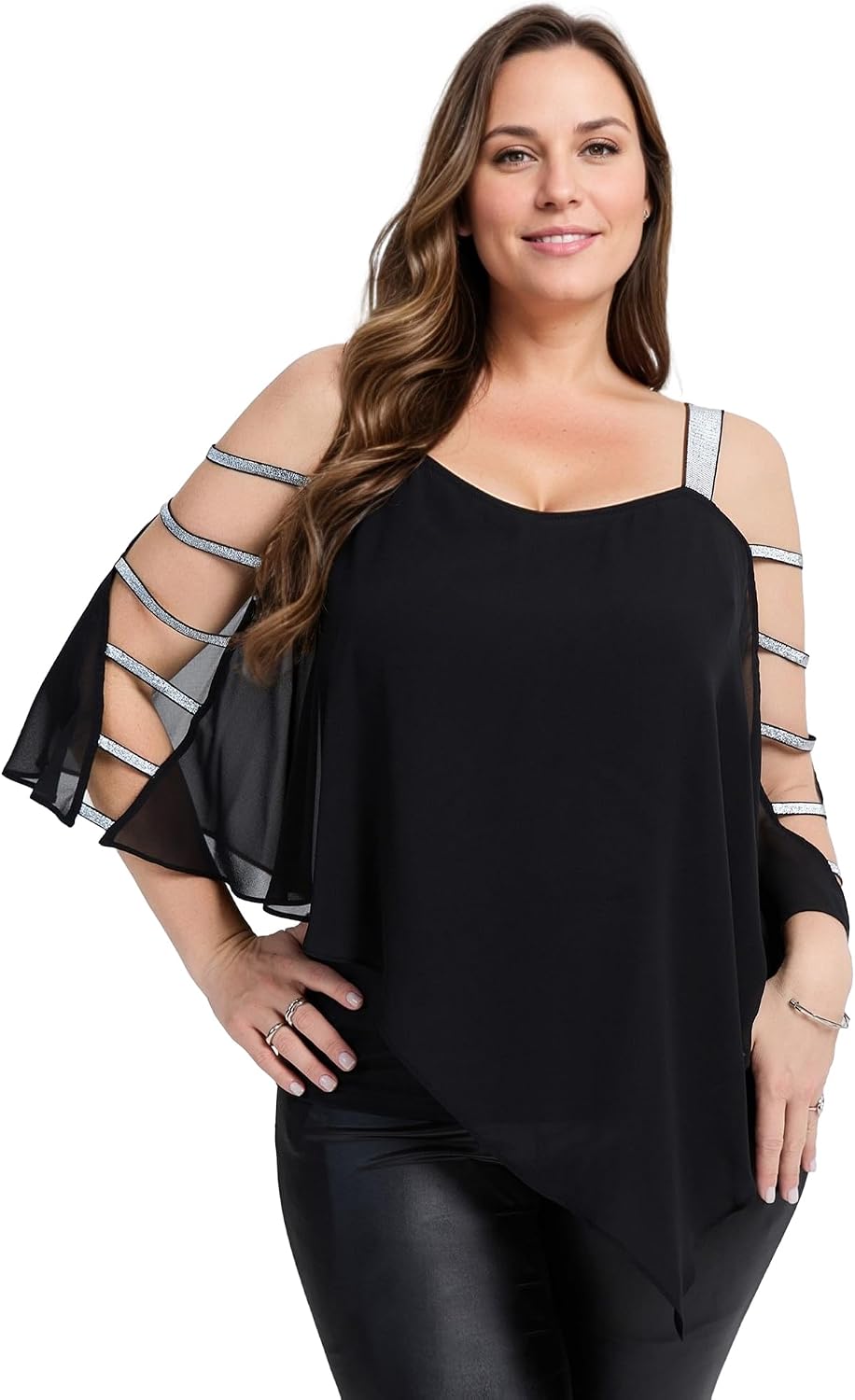 Ever-Pretty Women's Glitter Double Layer Flowy Chiffon Blouse for Party Evening Wedding Top Blouses Shirt 02444