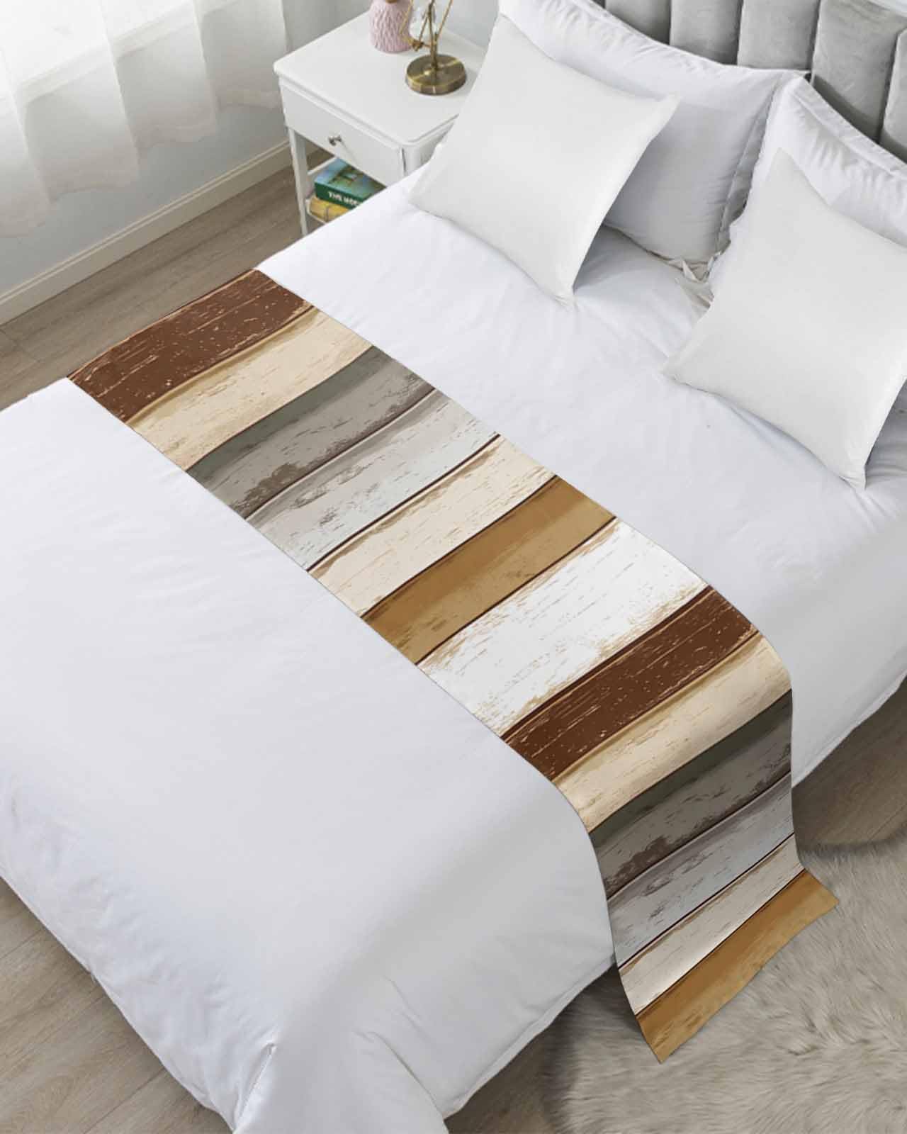 Brown Wood Grain Bed Runner for Cal. King Size, Vintage Country Geometric Striped Bedspread Protector Slipcover Bed Scarf for Foot Runners & Scarves for Bedroom Hotel Wedding Room 94x20 Inches