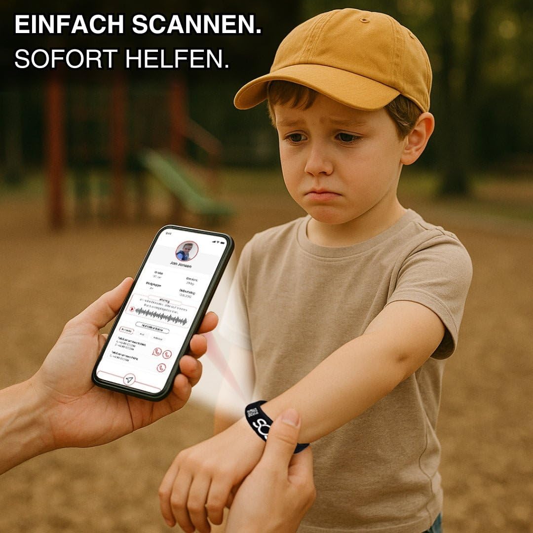 HelpMee® SOS Notfallarmband für Kinder – NFC & QR Code – Sicherheitsarmband mit Notfallprofil – Für Schule, Ausflüge, Reisen – schnell abrufbare Infos 6-10 Jahre/Schwarz