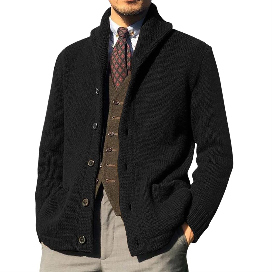 Wekumgy Mens Shawl Collar Cardigan Sweater Button Down Ribbed Knit Sweaters Chunky Casual Cardigan with Pockets Black