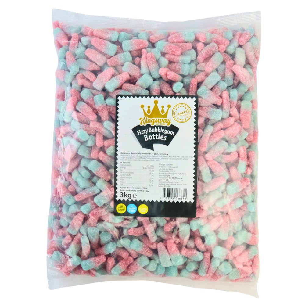 Kingsway Fizzy Bubblegum Bottles 3kg Bulk Sharing Bag - Sour Chewy Pick and Mix Sweets for Kids Party Bags, Wedding Candy Buffets and Celebrations
