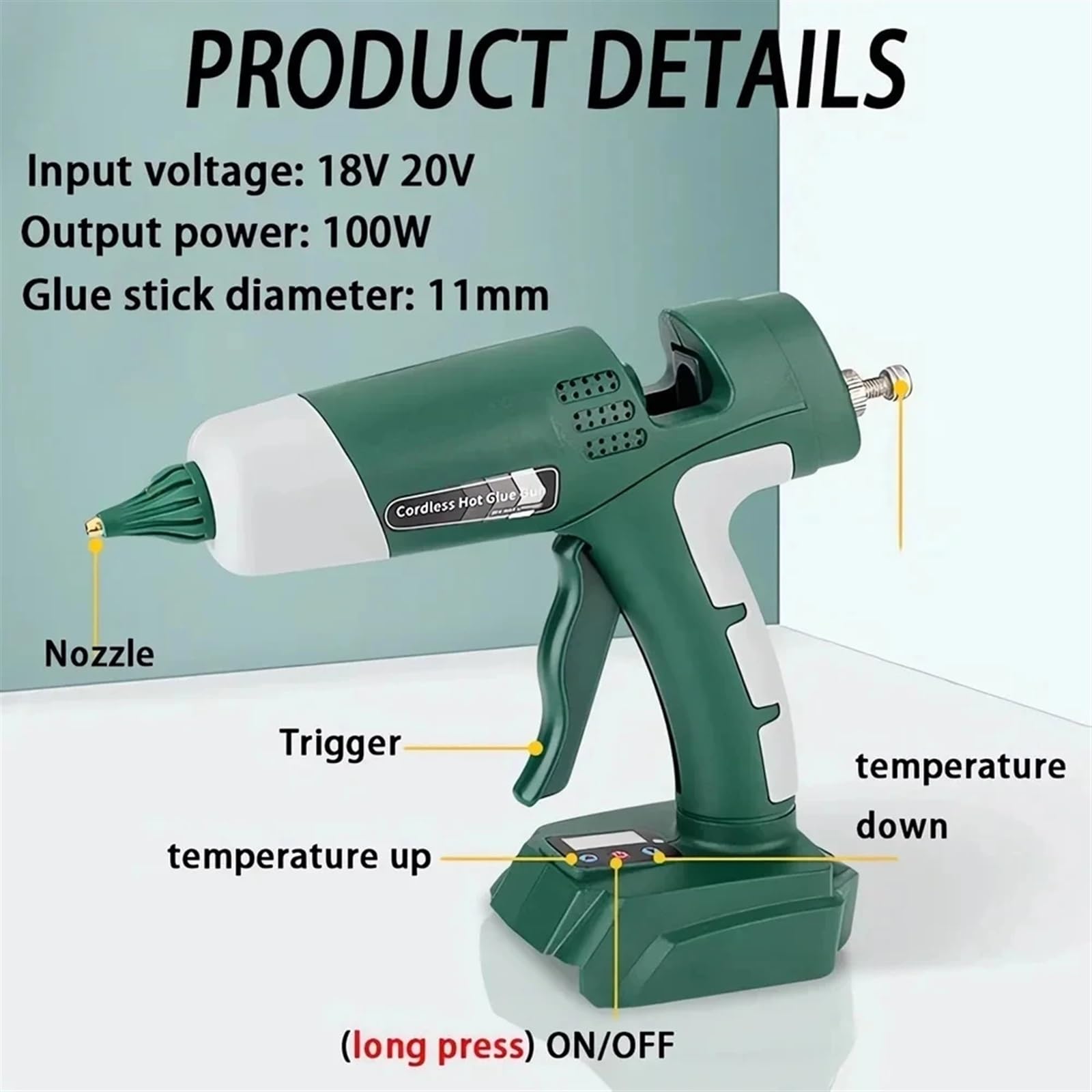 Pistola de pegamento de fusión en caliente de iones de litio inalámbrico DIY for herramientas eléctricas de batería de litio de 18V for el hogar Precalentamiento rápido(Blue)