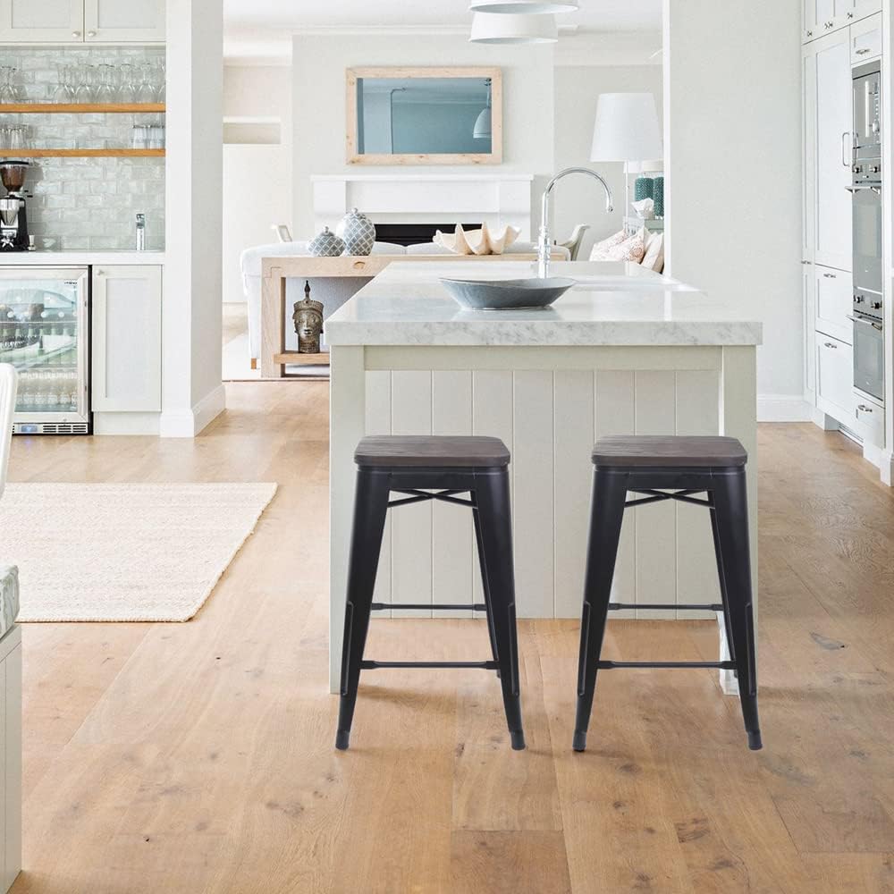 GIA 24-Inch Backless Counter Stool, Qty of 2, Matte Black with Dark-Wood Seat