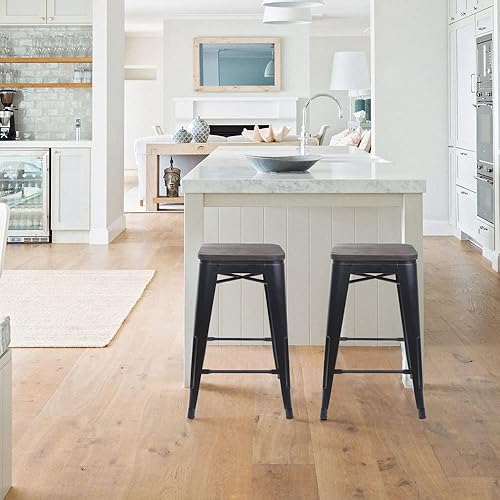 Miniatura 36 de GIA Taburete de mostrador sin respaldo de 24 pulgadas, cantidad de 4, bronce con asiento de madera clara Negro -,Café,Gris,gris, (Gun