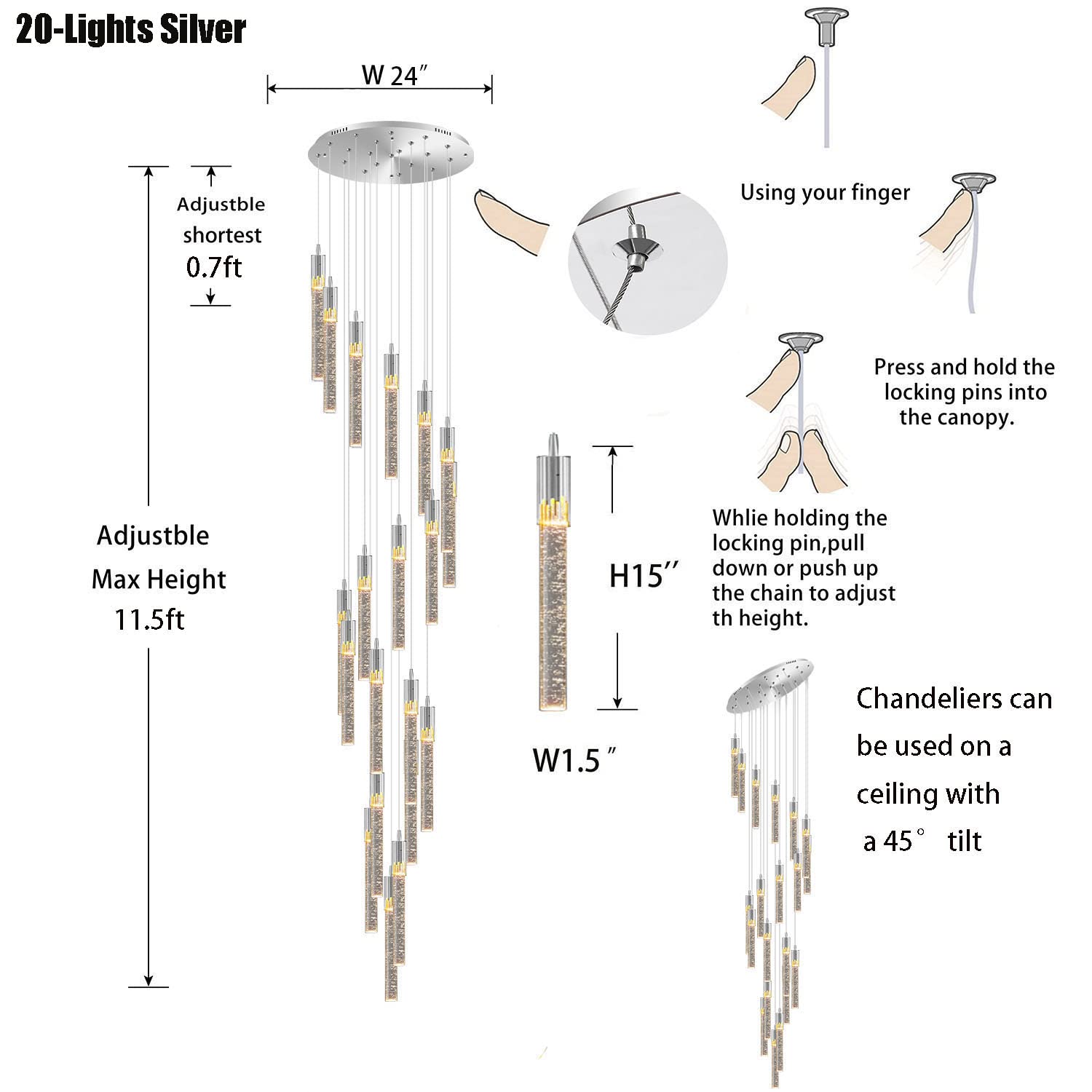 Lámpara de araña Moderna Plateada de 20 Luces Regulables - Elegante lámpara Colgante de Cristal para techos Altos, vestíbulo, Escalera, Pasillo, Villa. Longitud: 3,5 Metros (11,5 p